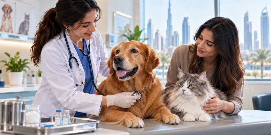 Veterinarian examining a dog and cat during an annual vaccination check-up in Dubai